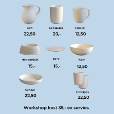Prijsoverzicht van keramiek producten zoals kannen, mokken, kommen en schalen voor de workshop keramiek glazuren.